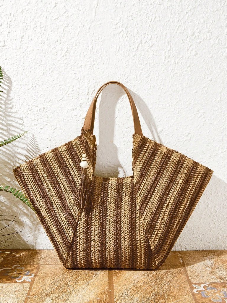 Khaki Vacation Women's Striped Tote Bag Large Capacity Handbag